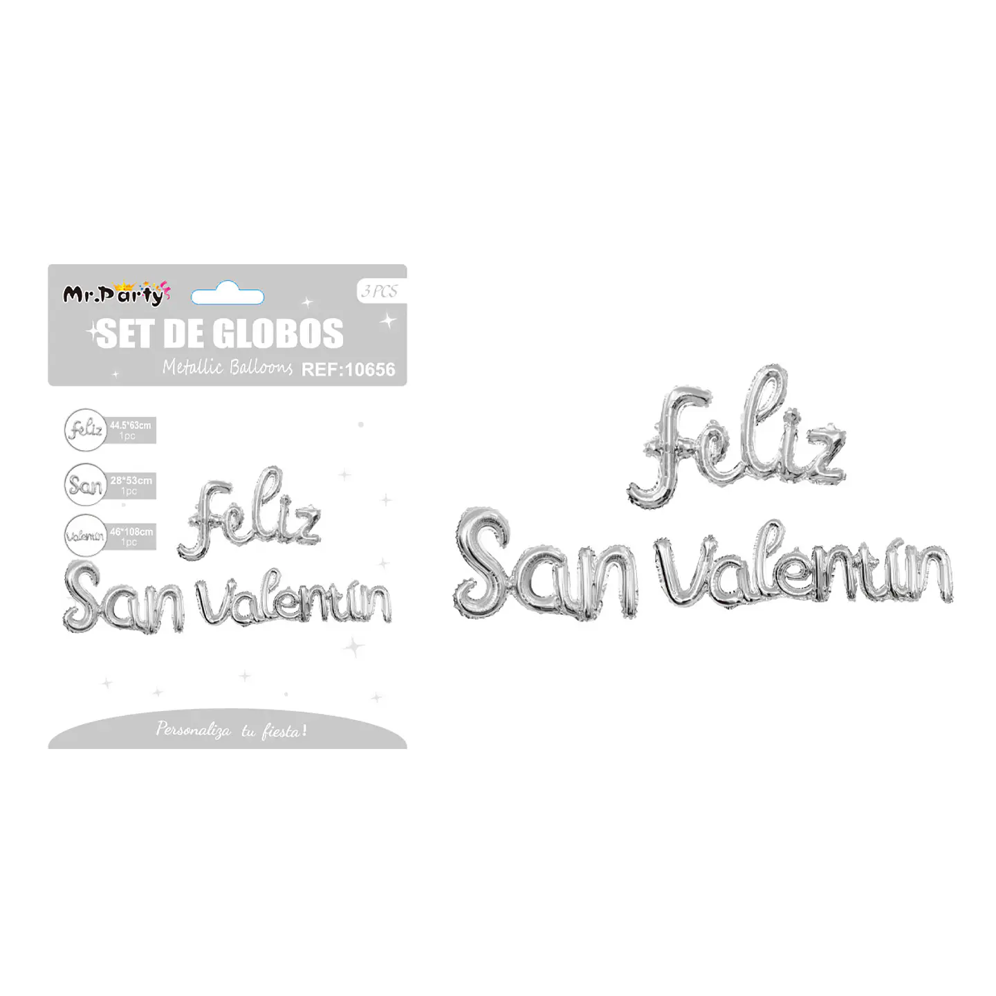 Set de globos metálicos FELIZ SAN VALENTÍN plateado 44.5cm*63cm / 28*53cm / 46*108cm 1