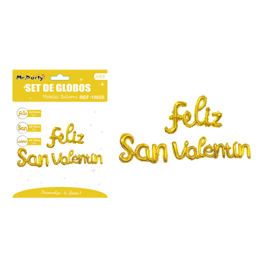 Set de globos metálicos FELIZ SAN VALENTÍN dorado 44.5cm*63cm / 28*53cm / 46*108cm
