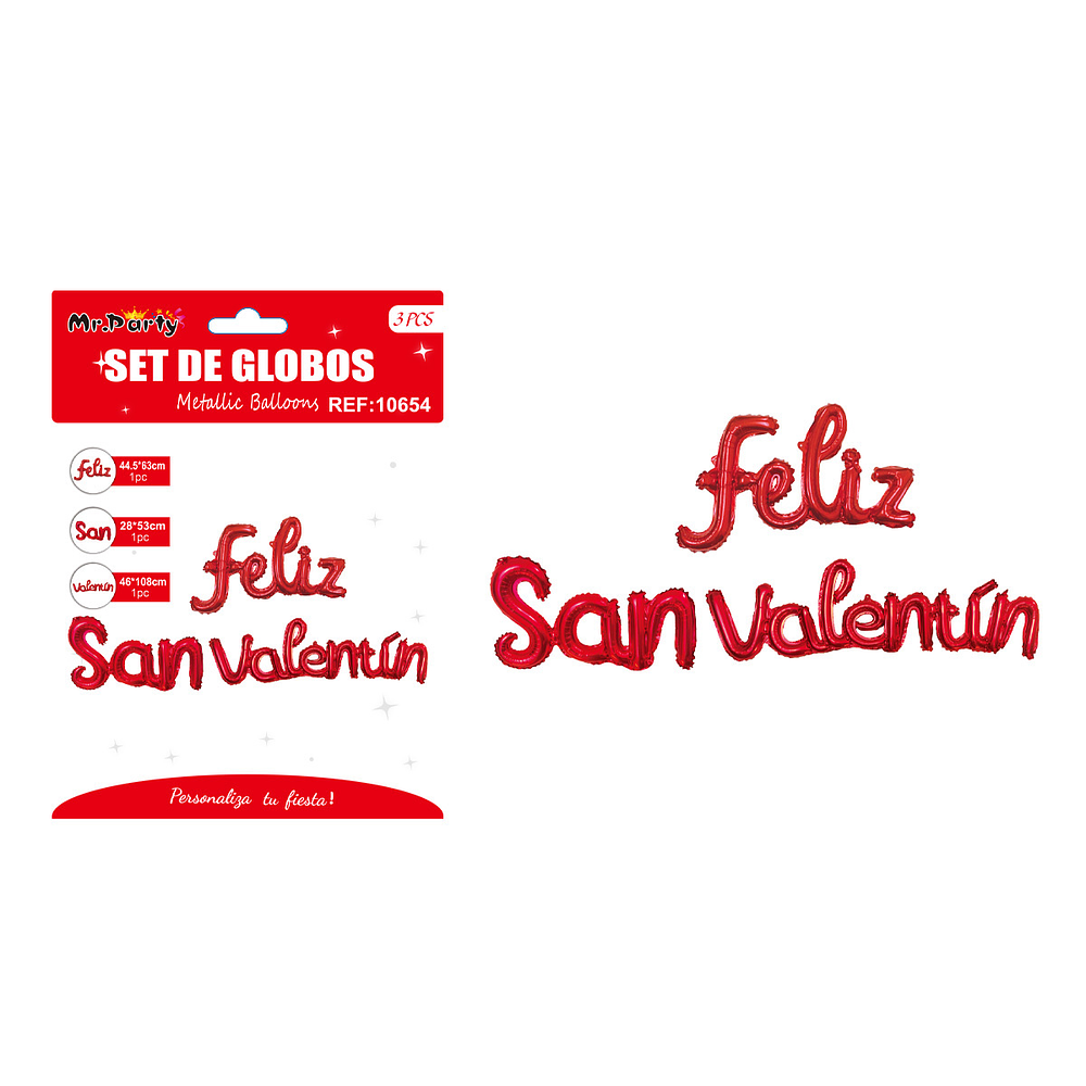 Set de globos metálicos FELIZ SAN VALENTÍN rojo 44.5cm*63cm / 28*53cm / 46*108cm