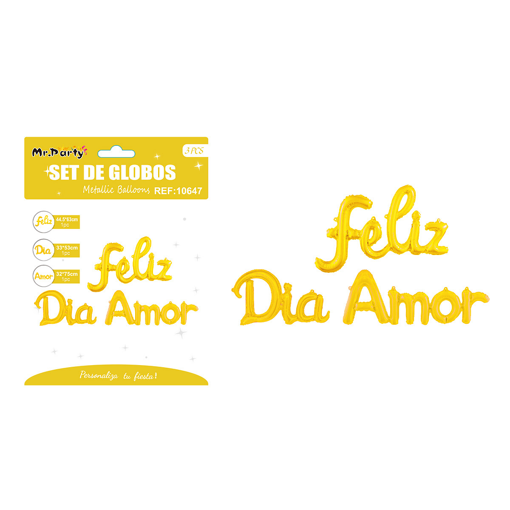 Set de globos metálicos dorados San Valentín “Feliz Día Amor” 44*63cm / 33*53cm / 32*75cm