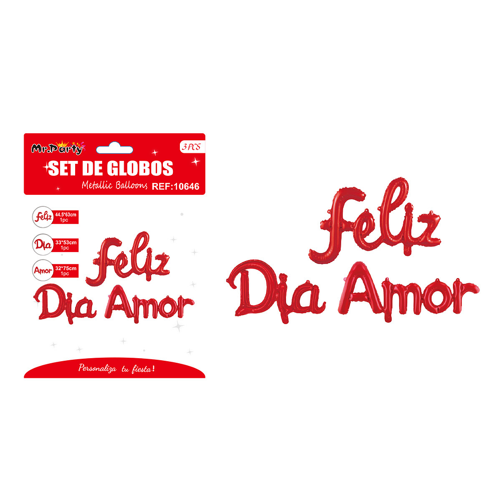 Set de globos metálicos rojos San Valentín “Feliz Día Amor” 44*63cm / 33*53cm / 32*75cm