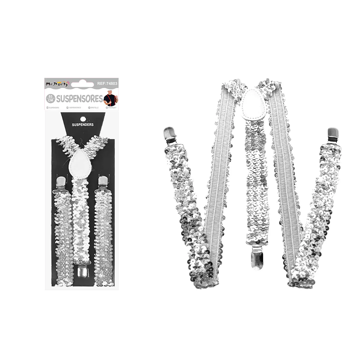 Suspensores elásticos ajustables con lentejuelas plateado 2.5*65cm 1
