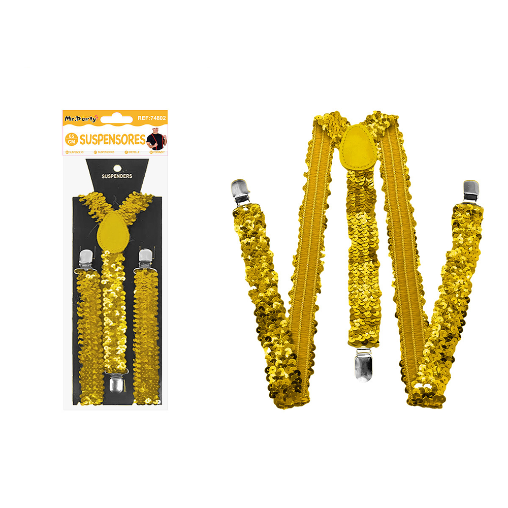 Suspensores elásticos ajustables con lentejuelas dorado 2.5*65cm