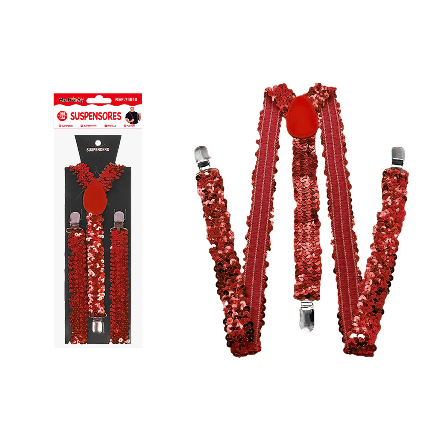 Suspensores elásticos ajustables con lentejuelas rojo 2.5*95cm 1