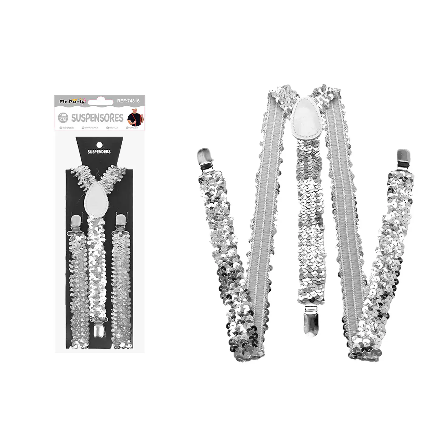 Suspensores elásticos ajustables con lentejuelas plateado 2.5*95cm 1