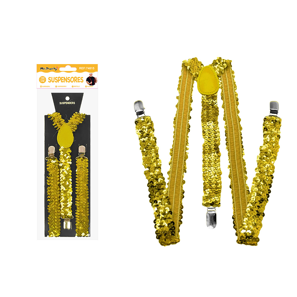 Suspensores elásticos ajustables con lentejuelas dorado 2.5*95cm