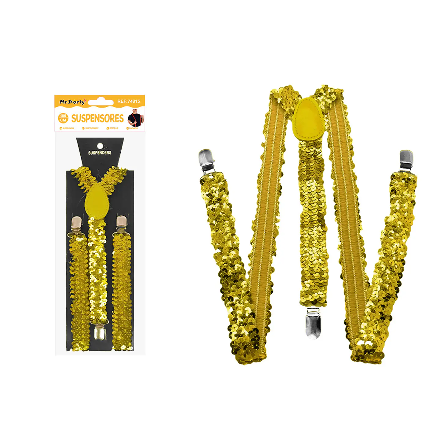 Suspensores elásticos ajustables con lentejuelas dorado 2.5*95cm 1