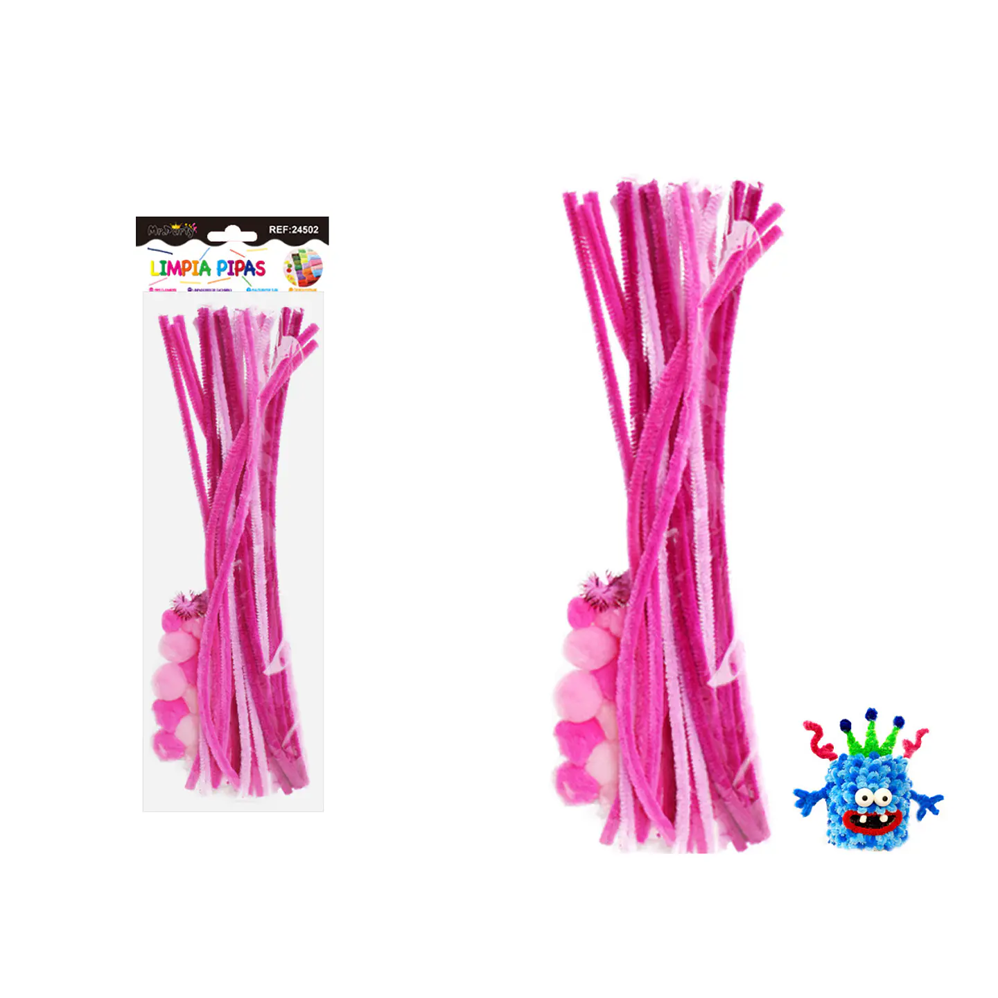Set de limpiapipas chenille con pompones ojos DIY rosado 70pcs 1
