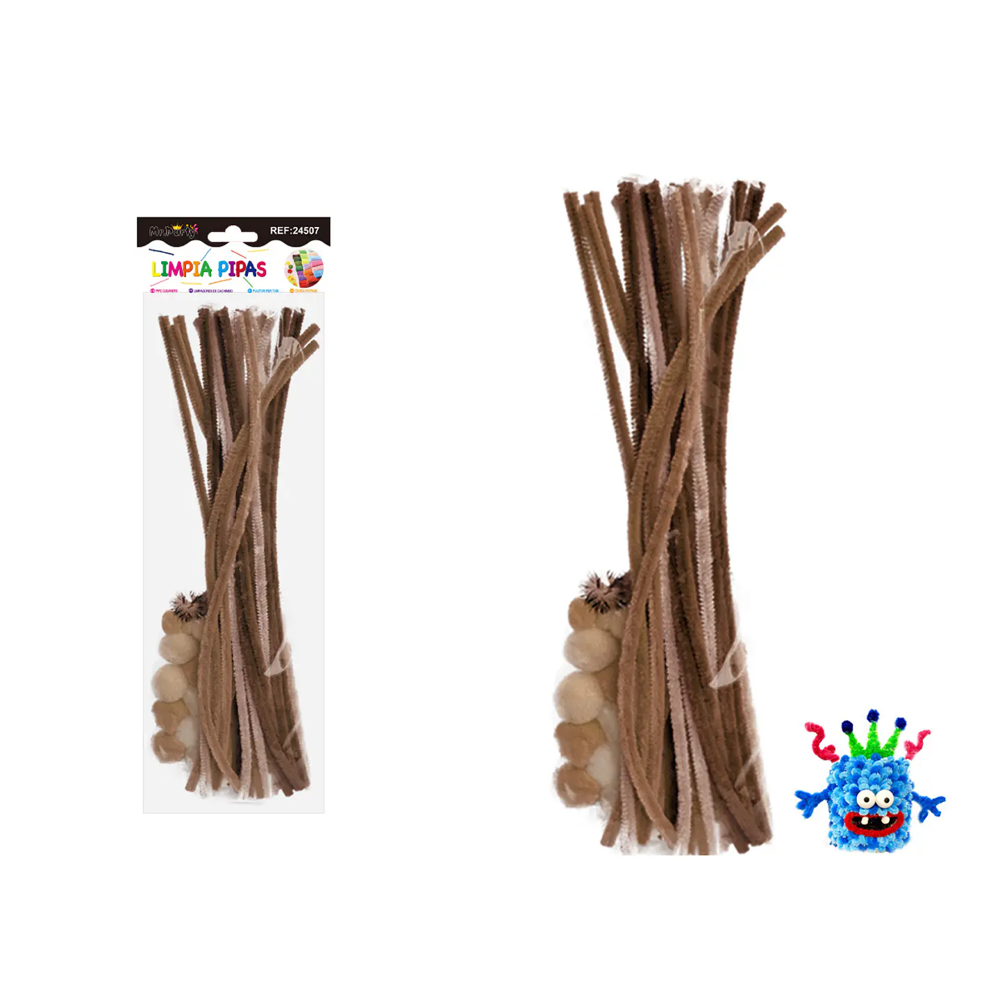 Set de limpiapipas chenille con pompones ojos DIY café 70pcs 1