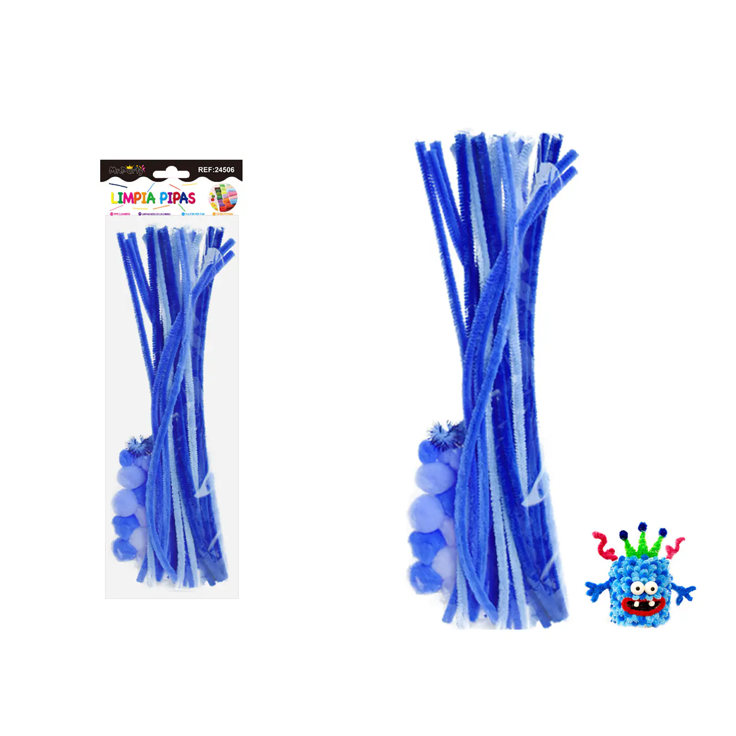 Set de limpiapipas chenille con pompones ojos DIY azul 70pcs 1