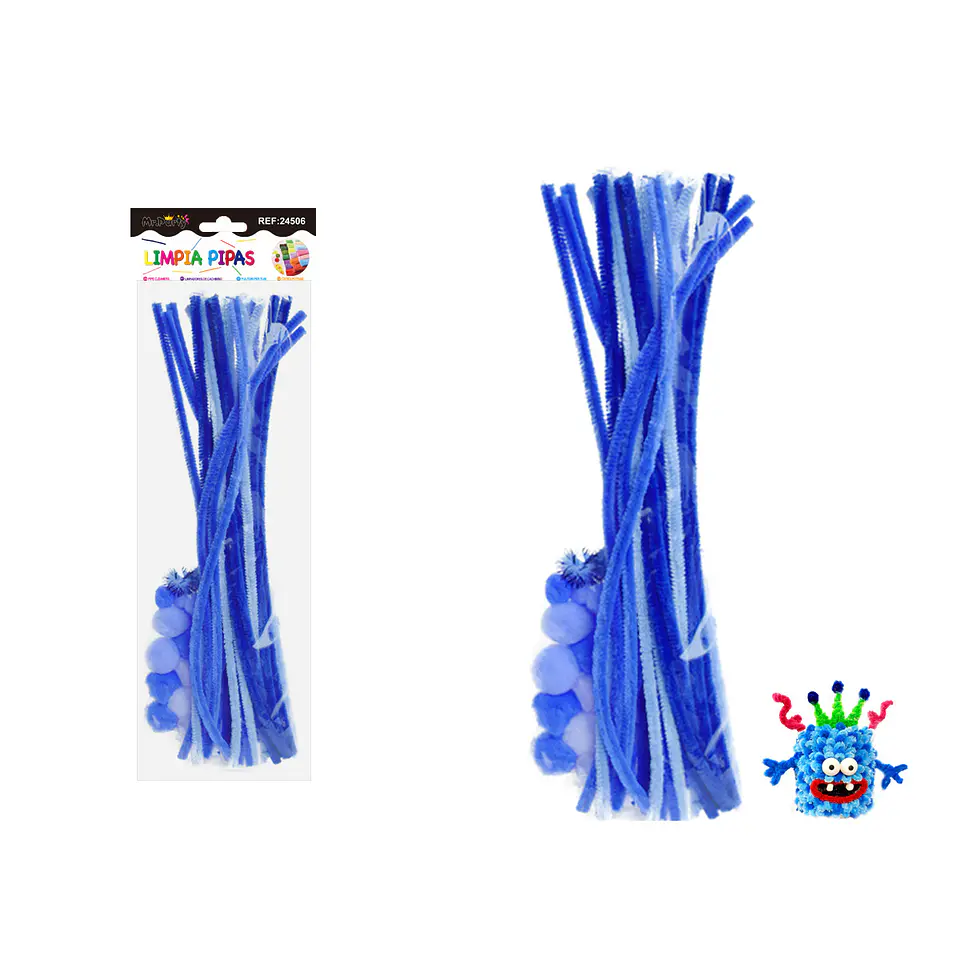 Set de limpiapipas chenille con pompones ojos DIY azul 70pcs 1