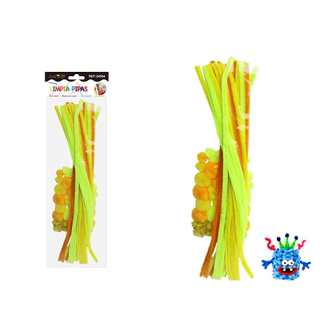 Set de limpiapipas chenille con pompones ojos DIY verde amarillo 70pcs