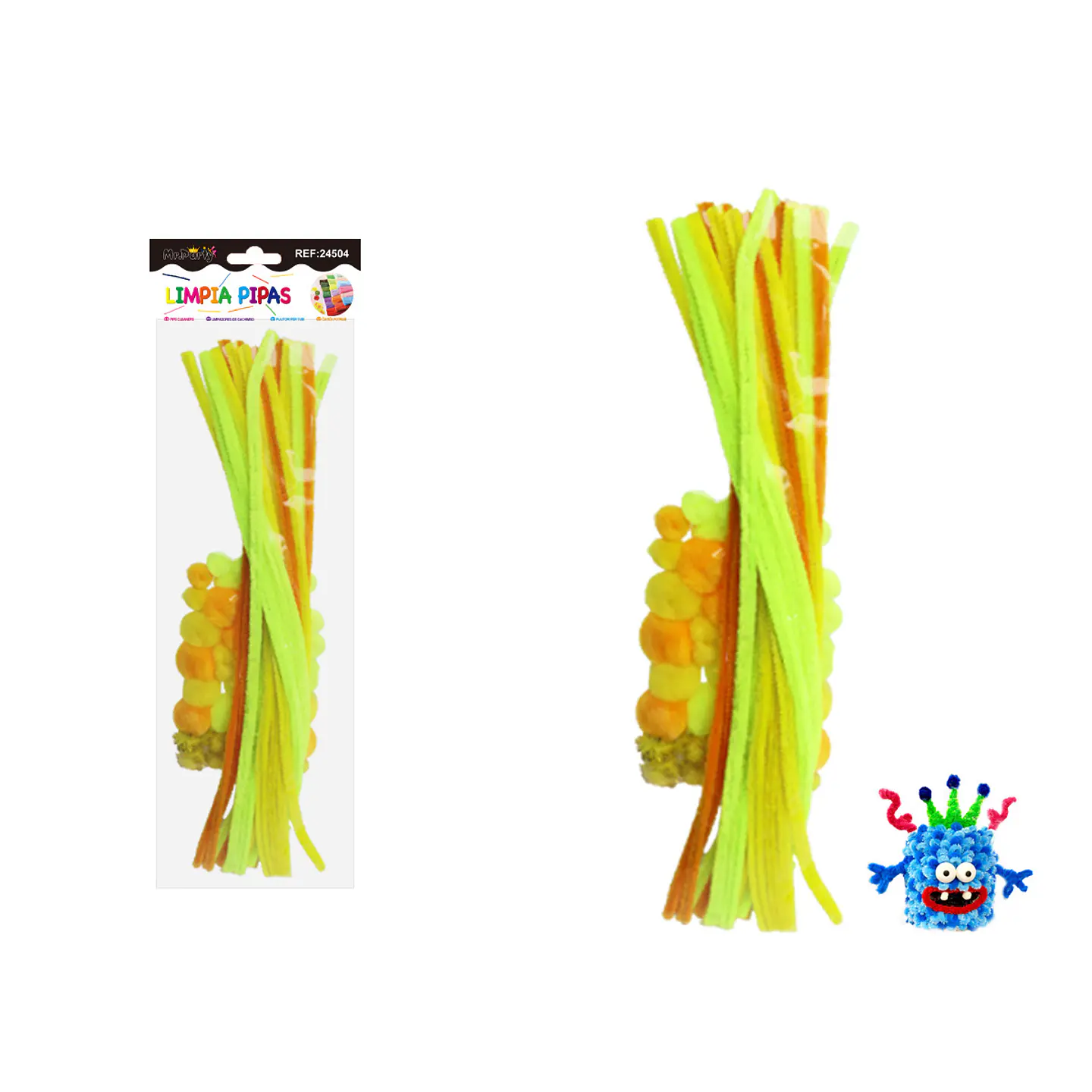 Set de limpiapipas chenille con pompones ojos DIY verde amarillo 70pcs 1