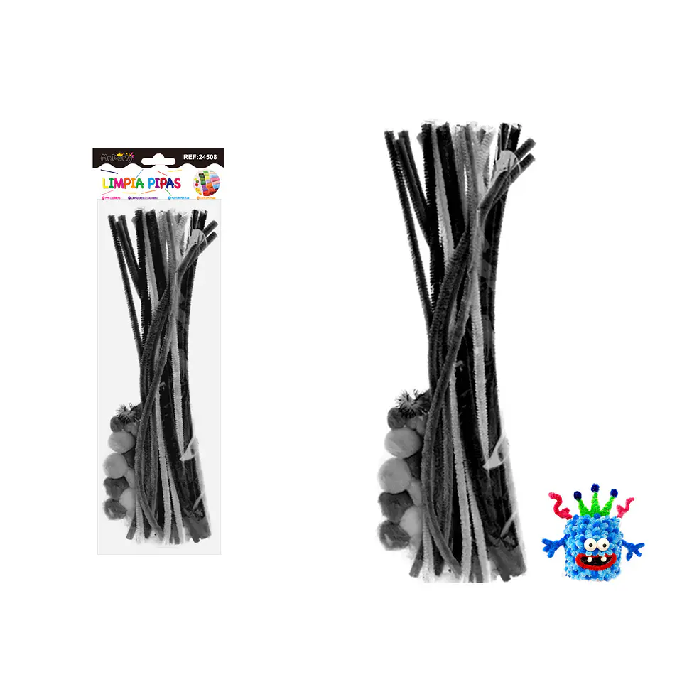 Set de limpiapipas chenille con pompones ojos DIY negro y gris 70pcs 1