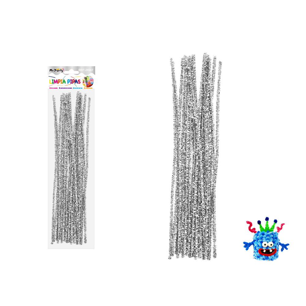 Limpiapipas chenille metalizado glitter plateado 0.6*30cm 20pcs