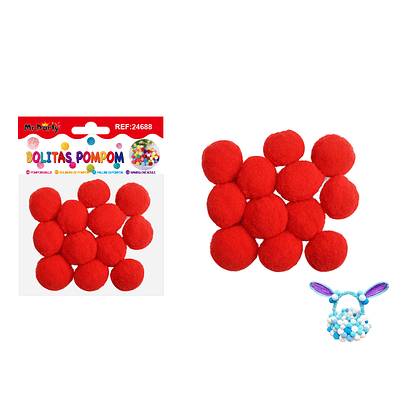 Pompones de poliéster rojo intenso 3.0cm 12pcs