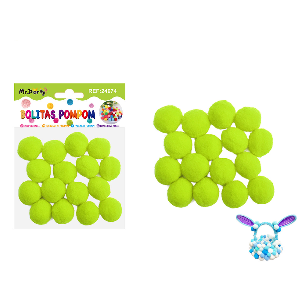 Pompones de poliéster verde fluorescente 2.5cm 16pcs