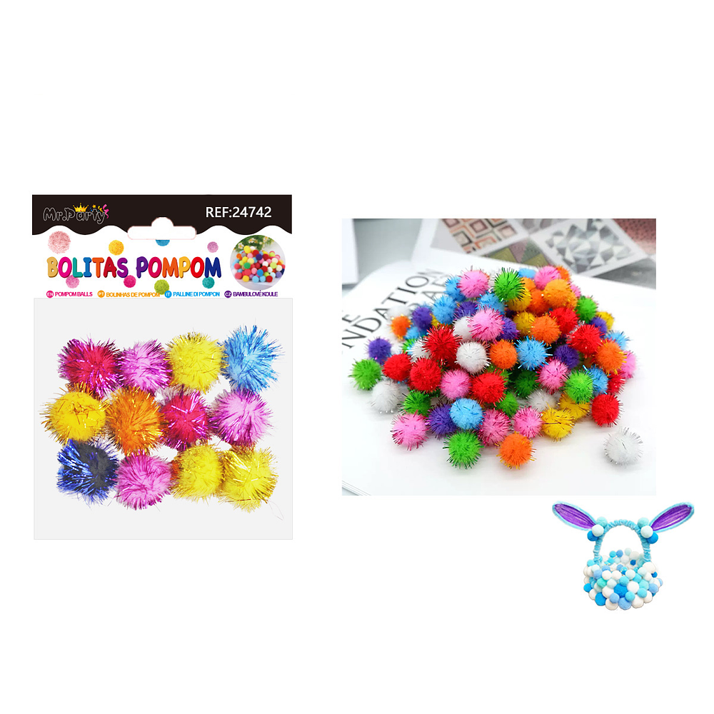 Pompones metalizado glitter multicolor 3.0cm 12pcs
