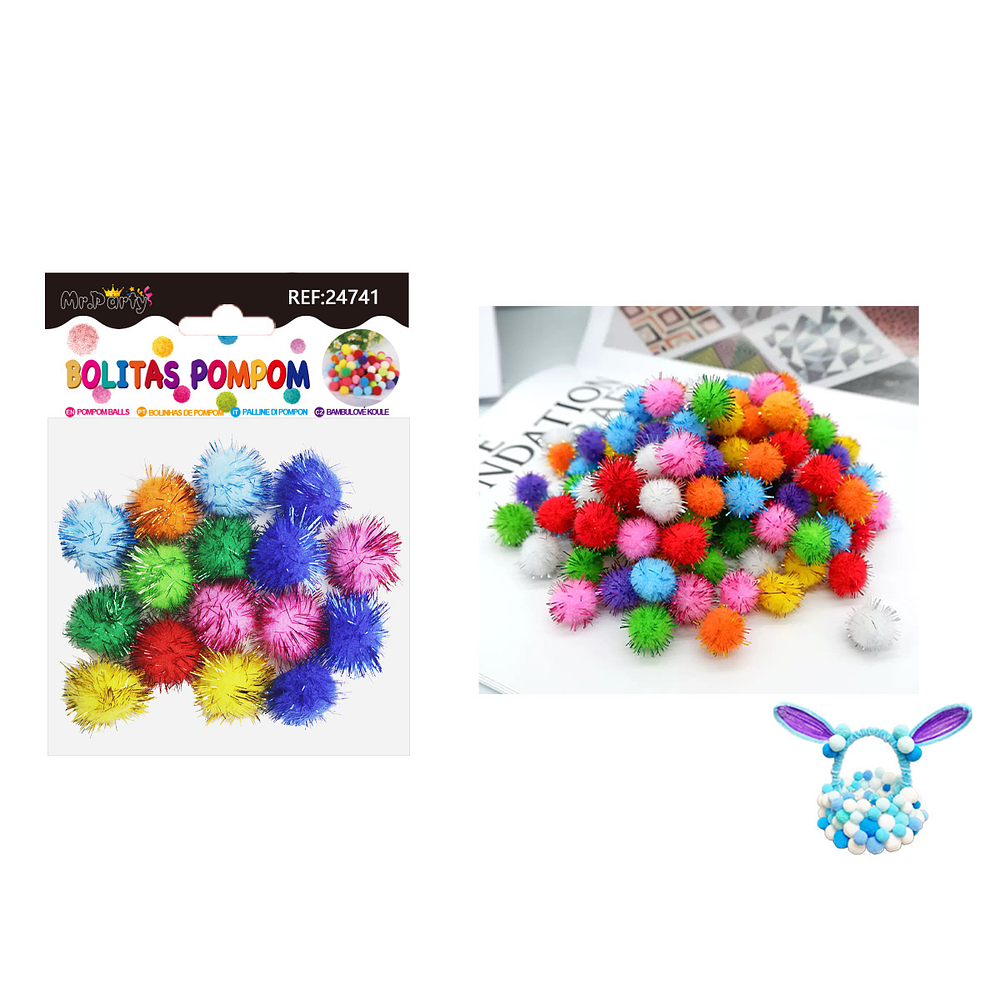Pompones metalizado glitter multicolor 2.5cm 16pcs
