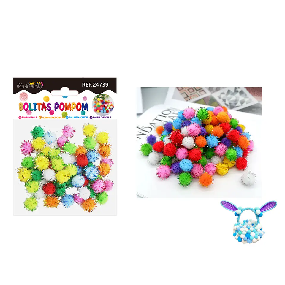 Pompones metalizado glitter multicolor 1.5cm 60pcs 1