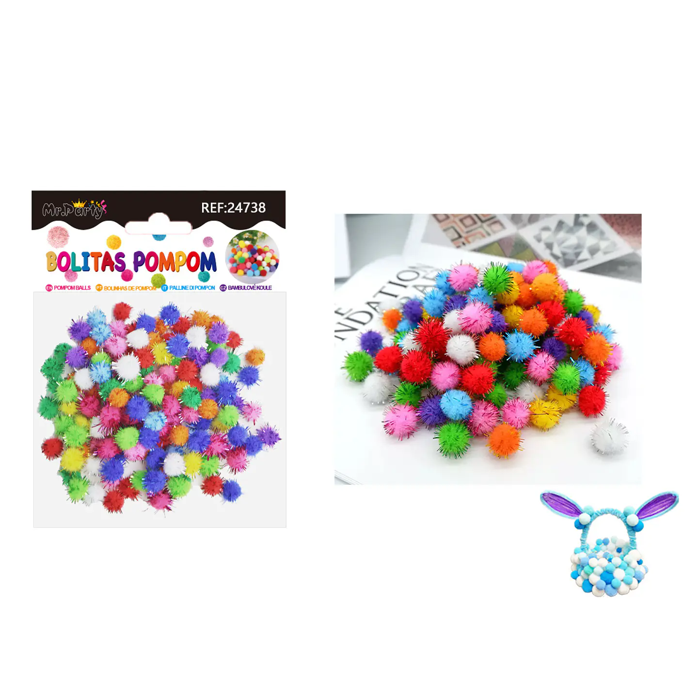 Pompones metalizado glitter multicolor 1.0cm 100pcs 1