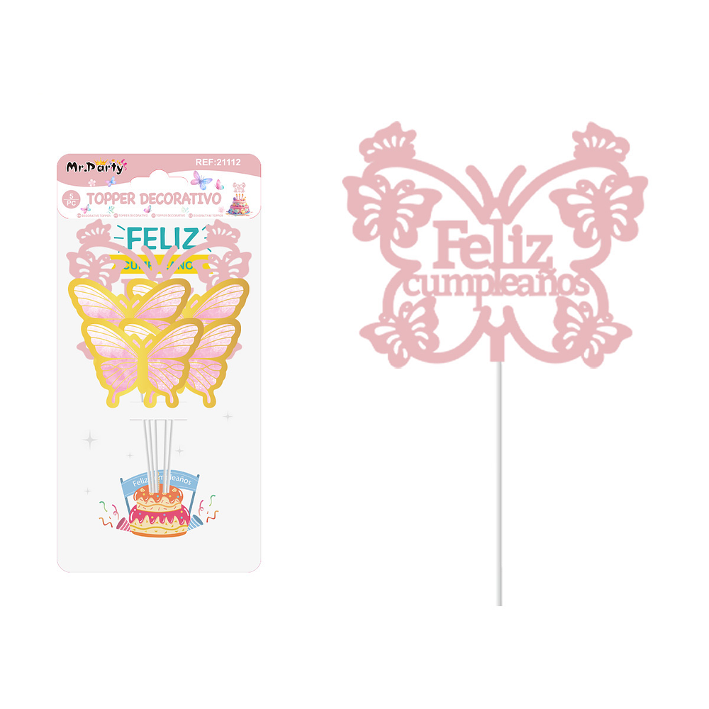 Cake Topper Feliz cumpleaños mariposa plástico rosado y dorado 5pcs