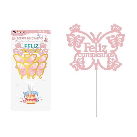 Cake Topper Feliz cumpleaños mariposa plástico rosado y dorado 5pcs