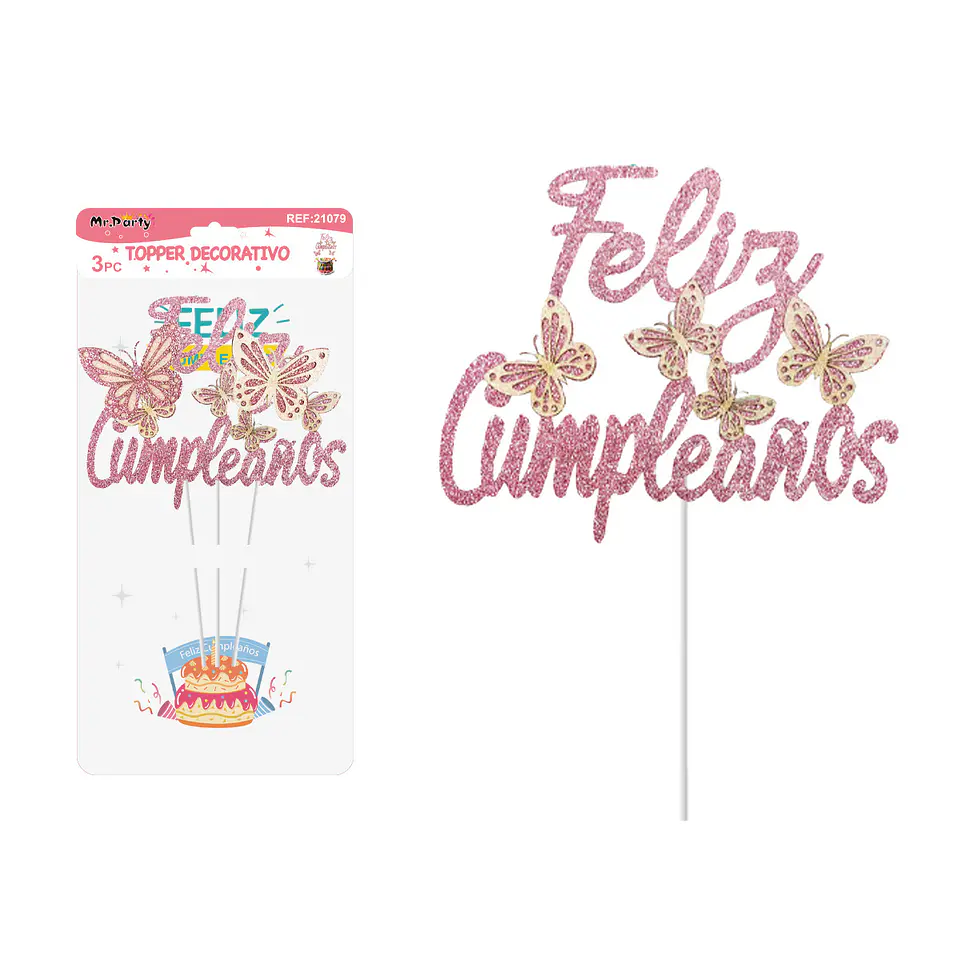 Cake Topper de mariposas rosa con brillo 3pcs 1