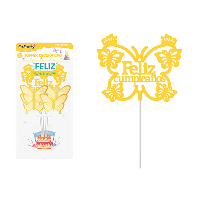 Cake Topper Feliz cumpleaños mariposa plástico dorado 5pcs