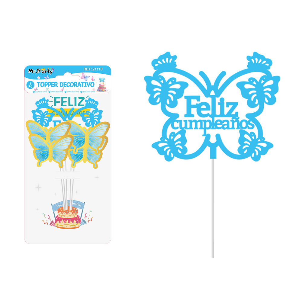 Cake Topper Feliz cumpleaños mariposa plástico azul 5pcs