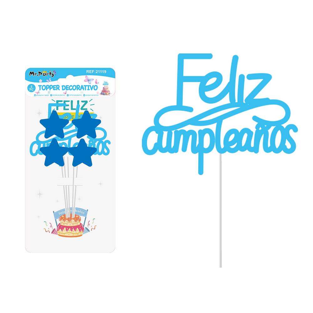 Cake Topper con estrella Feliz cumpleaños plástico azul 5pcs