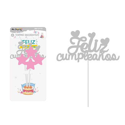 Cake Topper con estrella Feliz cumpleaños plástico plateado 5pcs
