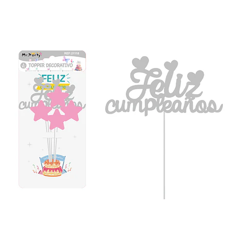 Cake Topper con estrella Feliz cumpleaños plástico plateado 5pcs