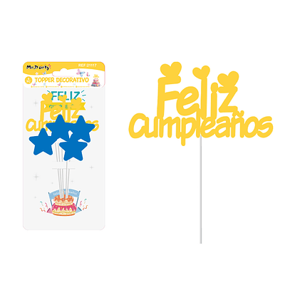 Cake Topper con estrella Feliz cumpleaños plástico dorado 5pcs