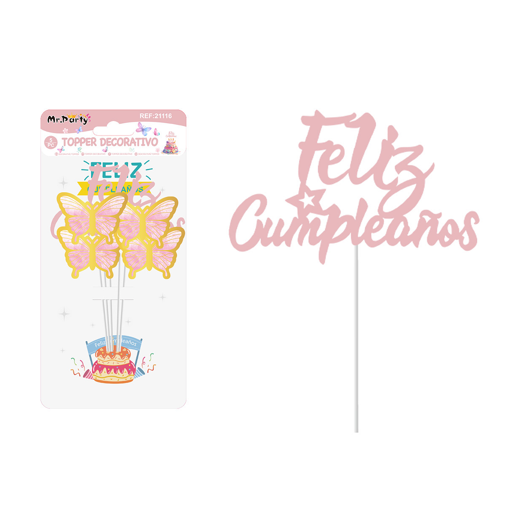 Cake Topper Feliz cumpleaños mariposa plástico rosado oro 5pcs