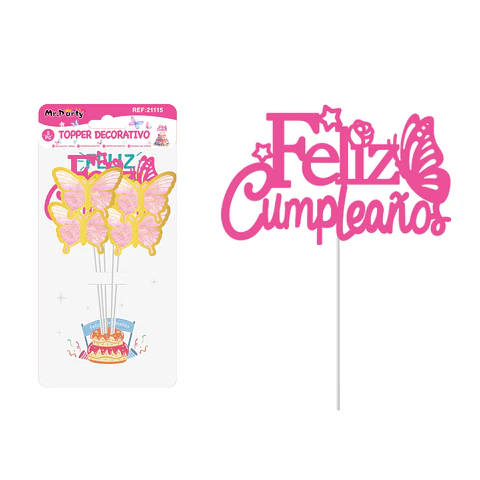 Cake Topper Feliz cumpleaños mariposa plástico rosado fucsia 5pcs