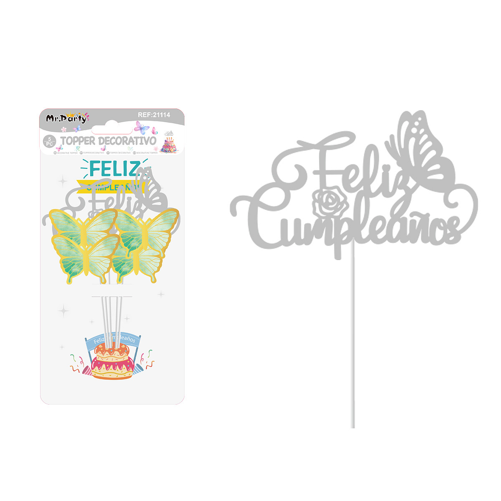 Cake Topper Feliz cumpleaños mariposa plástico plateado 5pcs