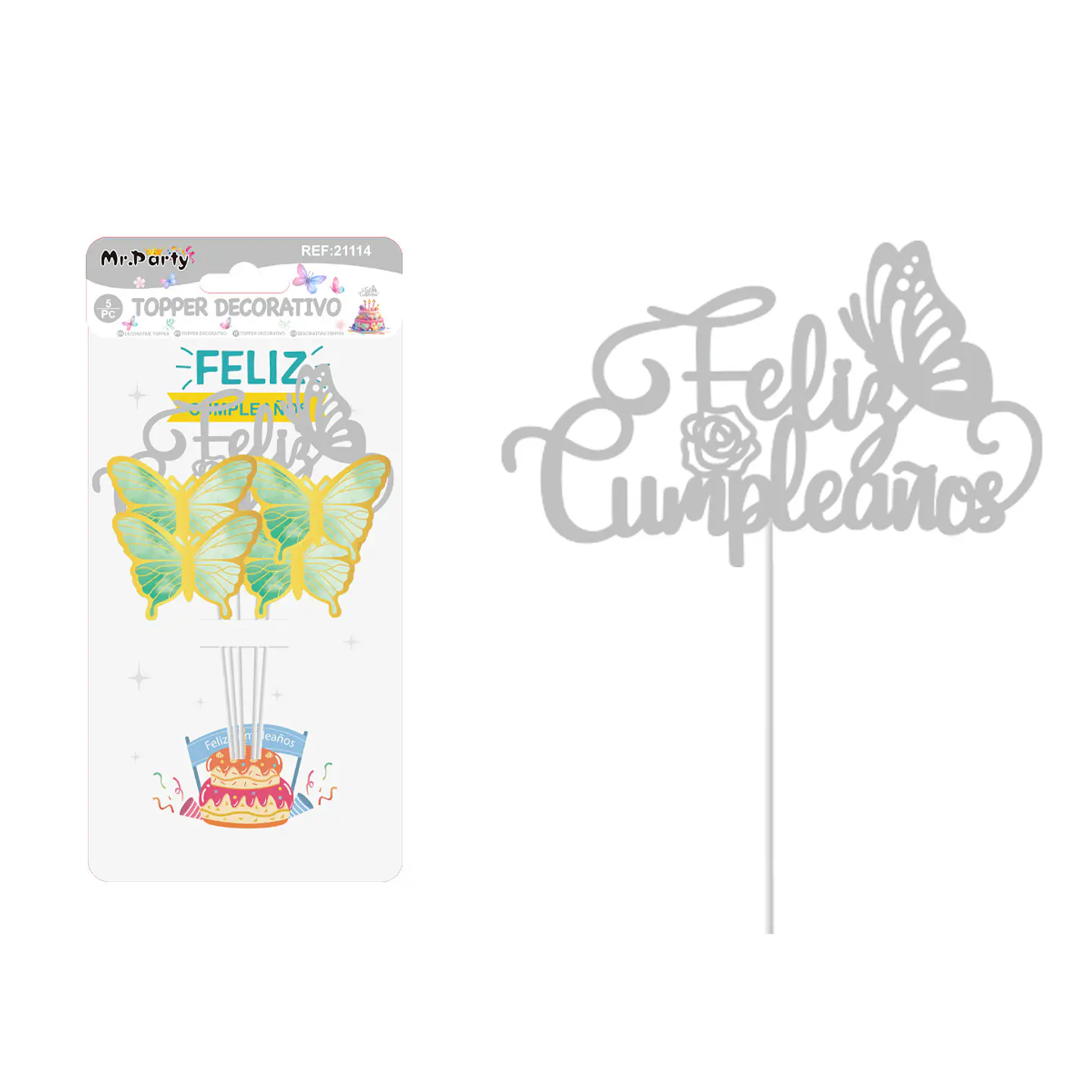 Cake Topper Feliz cumpleaños mariposa plástico plateado 5pcs 1