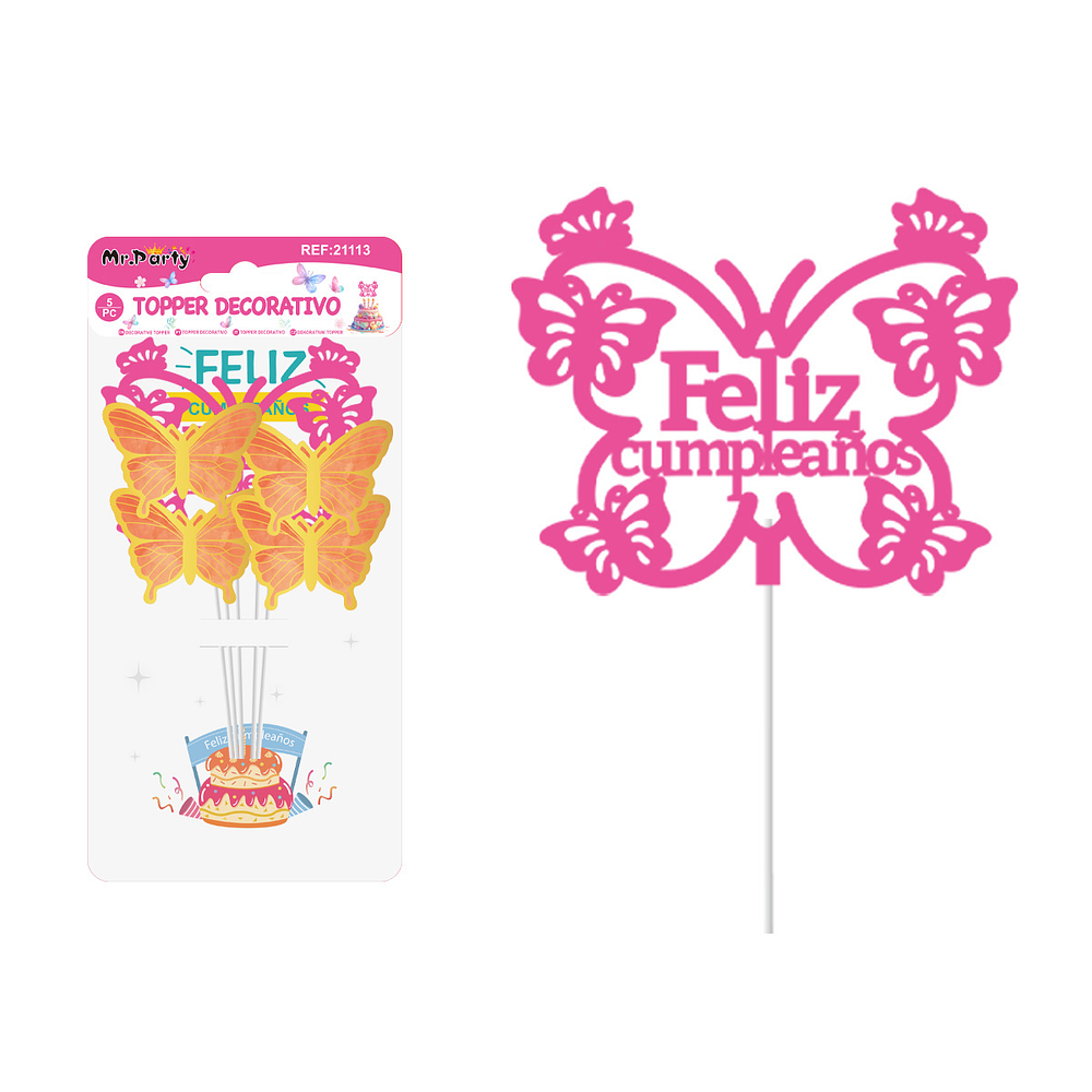 Cake Topper Feliz cumpleaños mariposa plástico rosado fucsia 5pcs