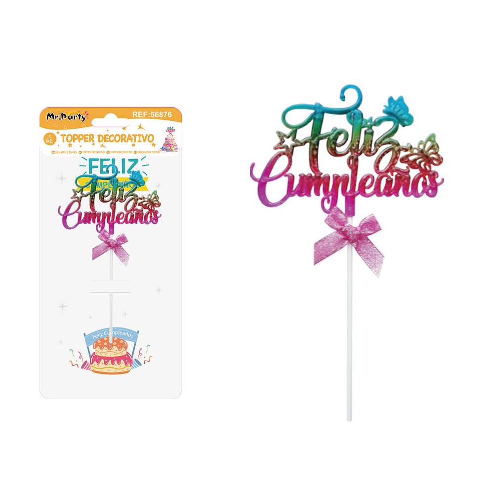 Cake Topper Feliz Cumpleaños con mariposa galvanizado semitransparente