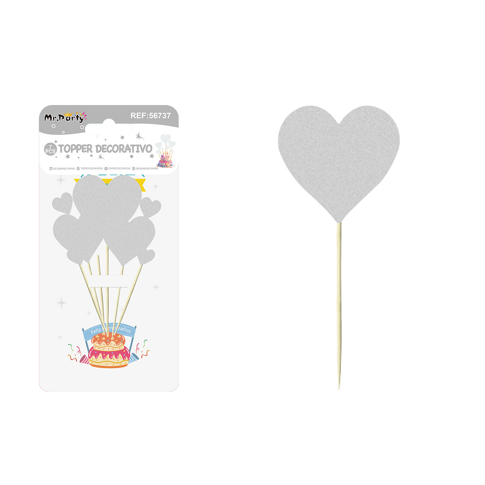 Cake Topper set de corazones purpurina plateado 7pcs