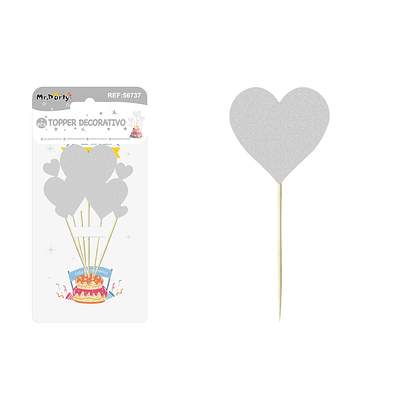 Cake Topper set de corazones purpurina plateado 7pcs