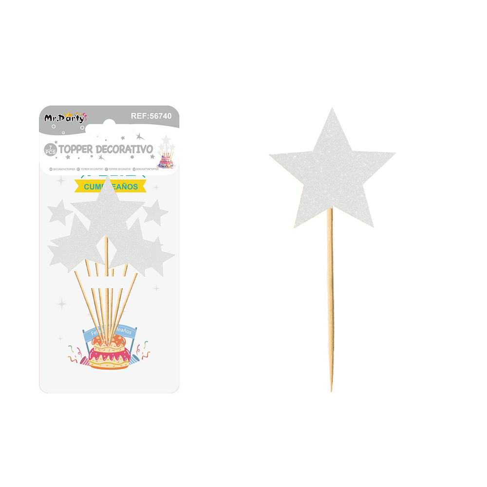 Cake Topper set de estrellas purpurina plateado 7pcs