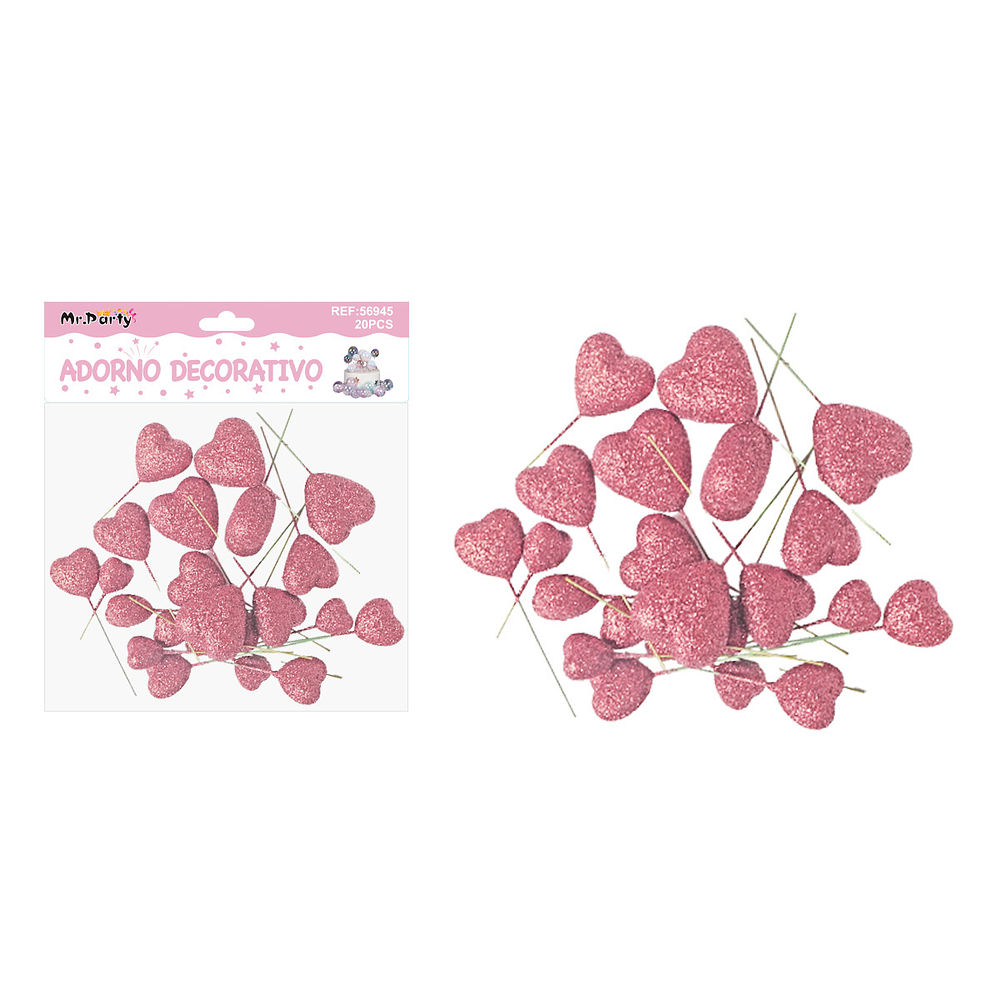 Pelota de corazón con brillos decorativa rosada para pastel 20pcs