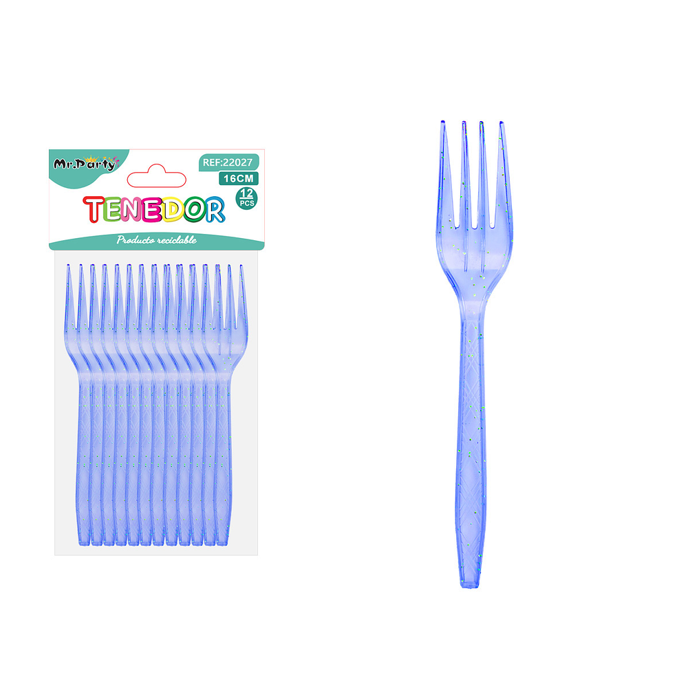 Tenedor PS desechables azul rey con brillo dorado 16cm 12pcs