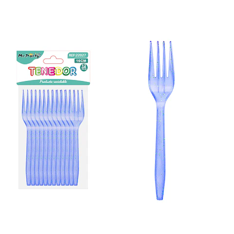 Tenedor PS desechables azul rey con brillo dorado 16cm 12pcs