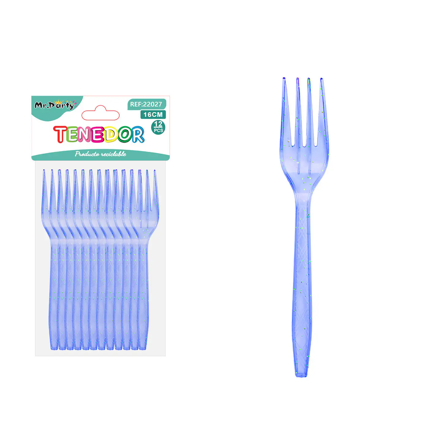 Tenedor PS desechables azul rey con brillo dorado 16cm 12pcs 1
