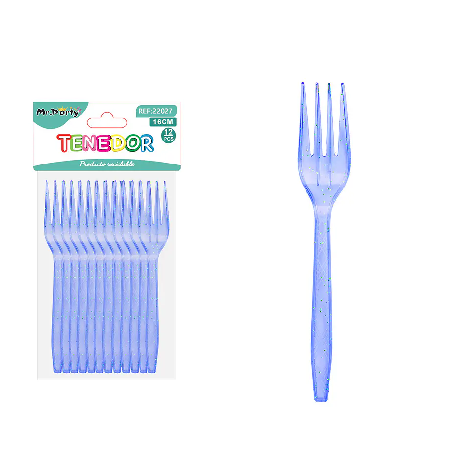 Tenedor PS desechables azul rey con brillo dorado 16cm 12pcs 1