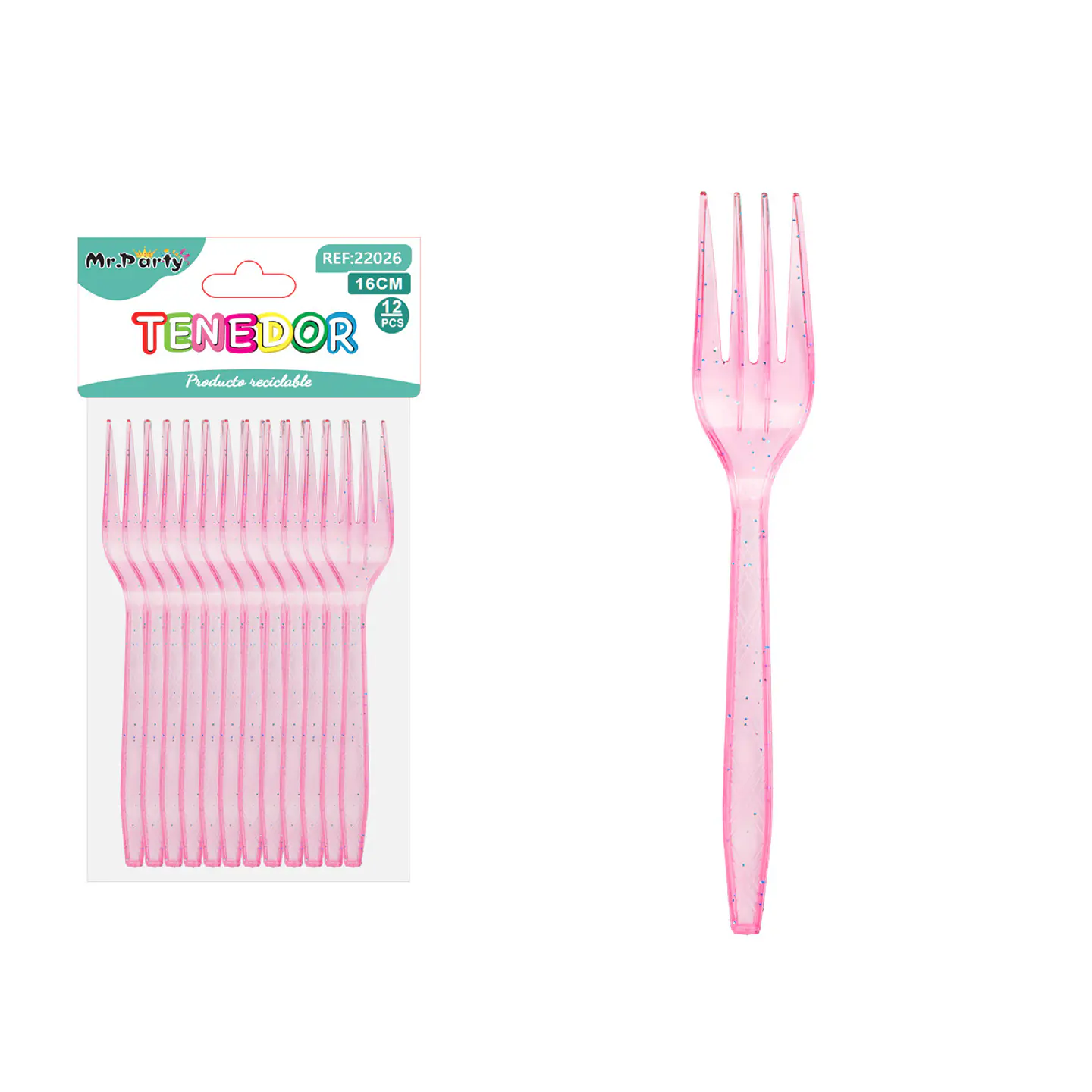Tenedor PS desechables fucsia con brillo dorado 16cm 12pcs 1