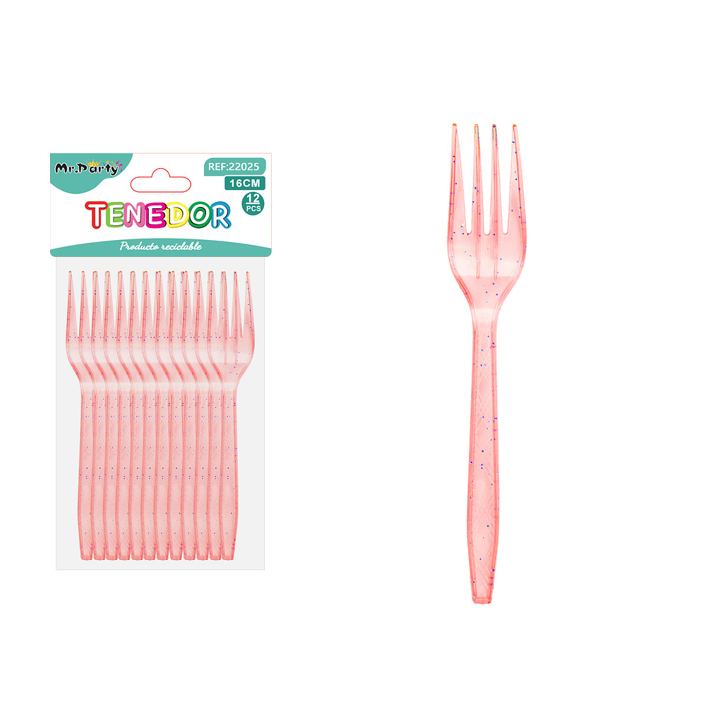Tenedor PS desechables rojo con brillo dorado 16cm 12pcs